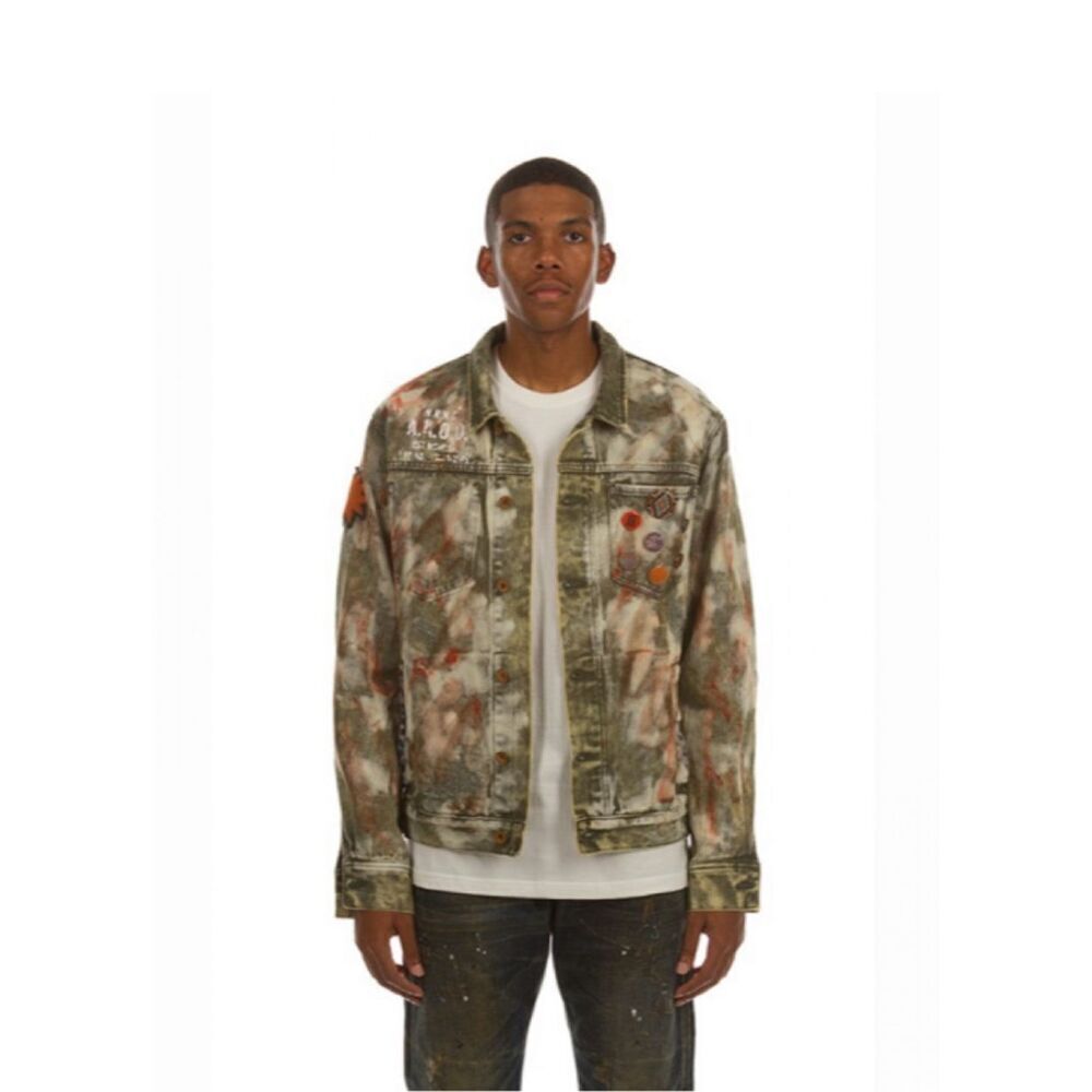 Akoo bleached denim distressed knighted 3x jacket